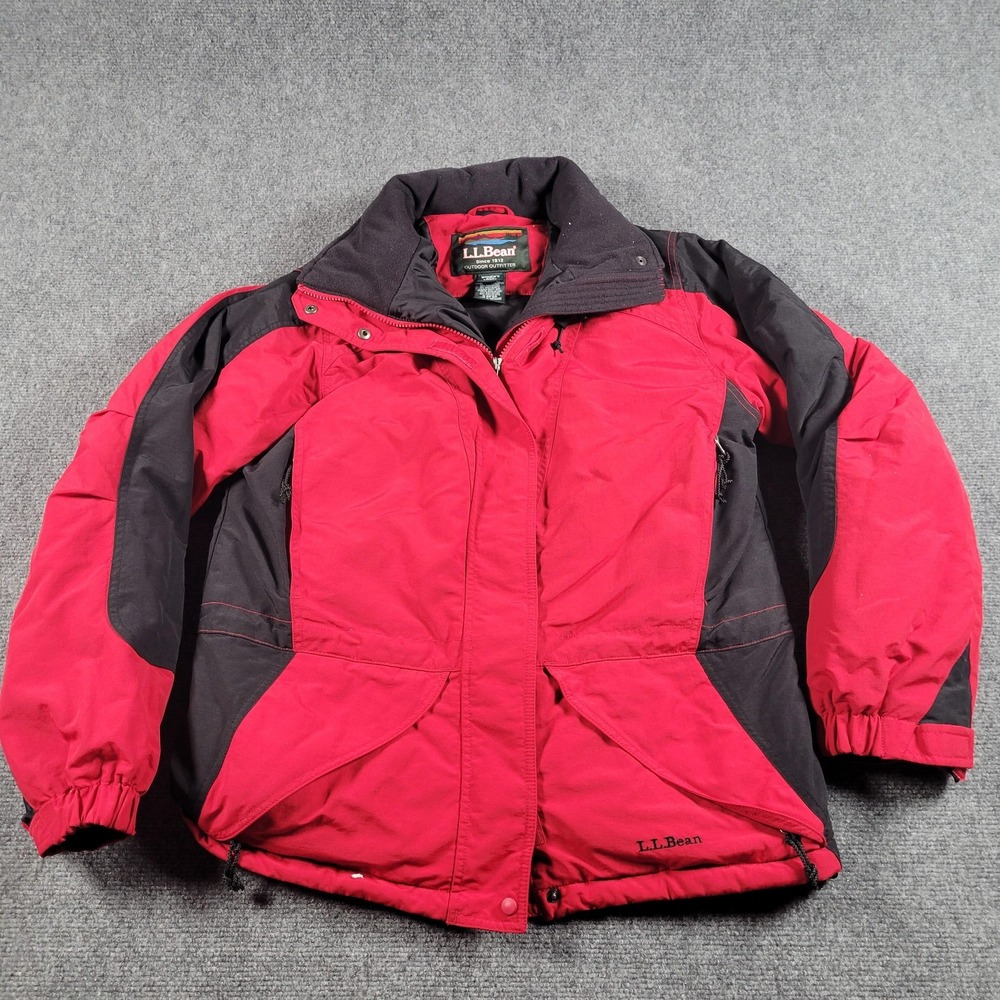 Vintage‎ LL Bean Jacket Women Small Red Black Hooded Full Zip Ski Winter Coat